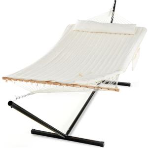 PNAEUT Double Hammock with Stand for Outside, Rope Hammocks with Polyester Pad 2 Person, 12ft Heavy Duty Stand, Extra Pillow, Storage Sidebag, Max 475 lbs Capacity (Pearl White)