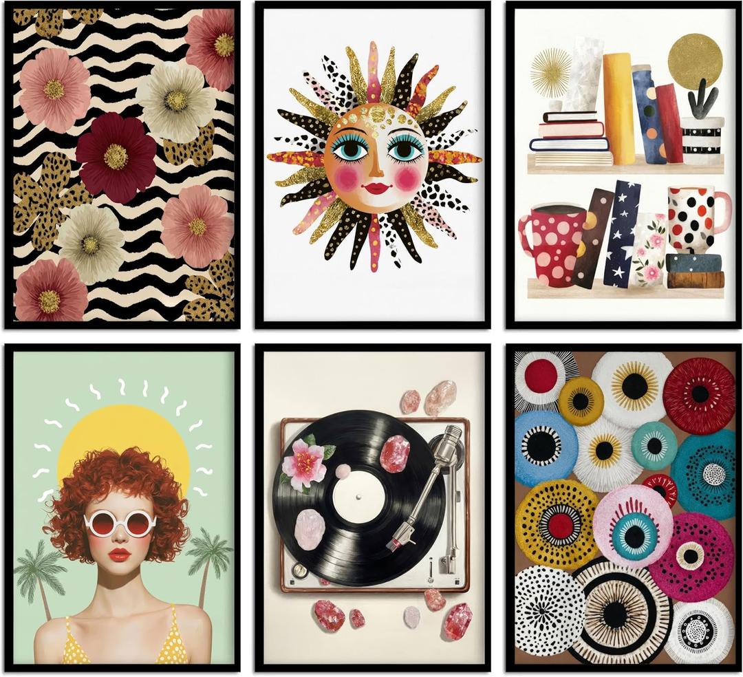 KKP 6Pcs Colorful Girl Bedroom Wall Art, Chic Eclectic Posters Prints, Boho Sun Face ＆ Record Player and Books Pictures Wall Decor for Teen Girls Apartment Dorm 12x16 Inch Unframed