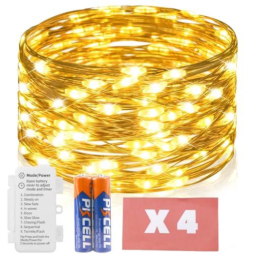 koopower 8 Pack Fairy Lights with Timer, 16pcs Batteries, and 9 Modes on 16ft Waterproof Copper Wire String Lights for Bedroom, Wedding, and Christmas Decor, Warm White