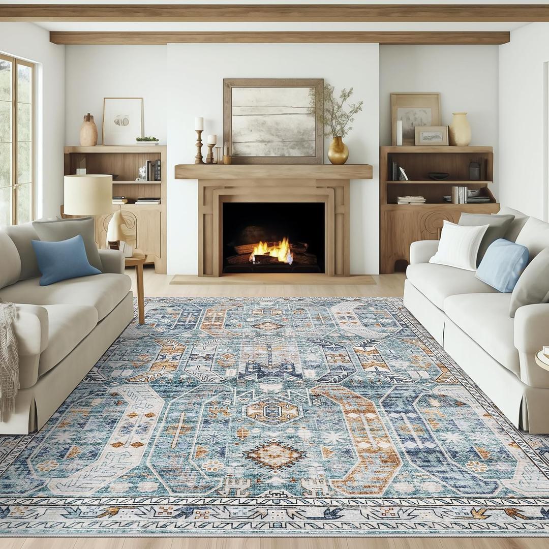 Washable Rug 8x10 Area Rugs for Living Room - Stain Resistant Non-Slip Backing Rugs for Bedroom - Vintage Large Area Rug (Blue/Gold, 8'x10')
