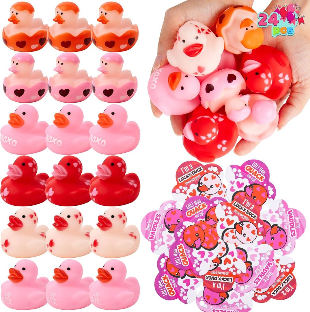 JOYIN 24 Pcs Valentines Day Gift Cards with Rubber Duck for Kids, Mini Rubber Duck Bath Toys for Classroom Exchange Prizes, Valentine Party Favors Toys