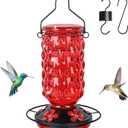 Glass Hummingbird Feeders for Outdoors Hanging, 25 OZ Wave Glass Hummingbird Feeder with 5 Flower Feeding Ports, Ant Moat and Leak Proof for Outside Garden Backyard Decor, Gifts for Women Mom, Red