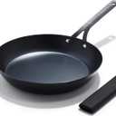 OXO Obsidian Pre-Seasoned Carbon Steel, 12" Frying Pan Skillet with Removable Silicone Handle Holder, Induction, Oven Safe, Black