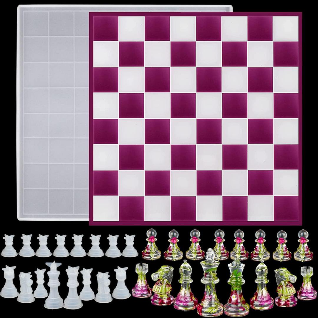 RESINWORLD Chess Set - Large 12 Inch Checkers Board Mold & Full Size 3D Silicone Chess Piece Mold for Epoxy Resin