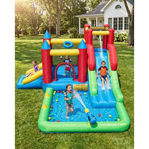 9-in-1 Inflatable Bounce House with Water Slide for Kids Ages 36, Wet or Dry Bouncy Castle with Trampoline, Climbing Wall, Ball Pit and Play Cannon for Indoor/Outdoor Backyard Play