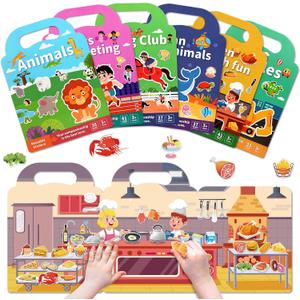 Lerifer 6 Sets Reusable Jelly Sticker Books for Toddlers 1-3, Sticker Books for Toddlers 2-4 Years, Toddler Travel Toys Activity Book, Encourages Creativity, Focus, and Fine Motor Skills