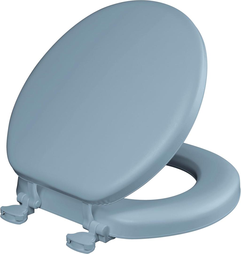 Mayfair Padded Toilet Seat, Cushioned Soft Vinyl over Wood Core Seat, Secure Hinges, Easy Clean, Made in USA, Round, Sky Blue