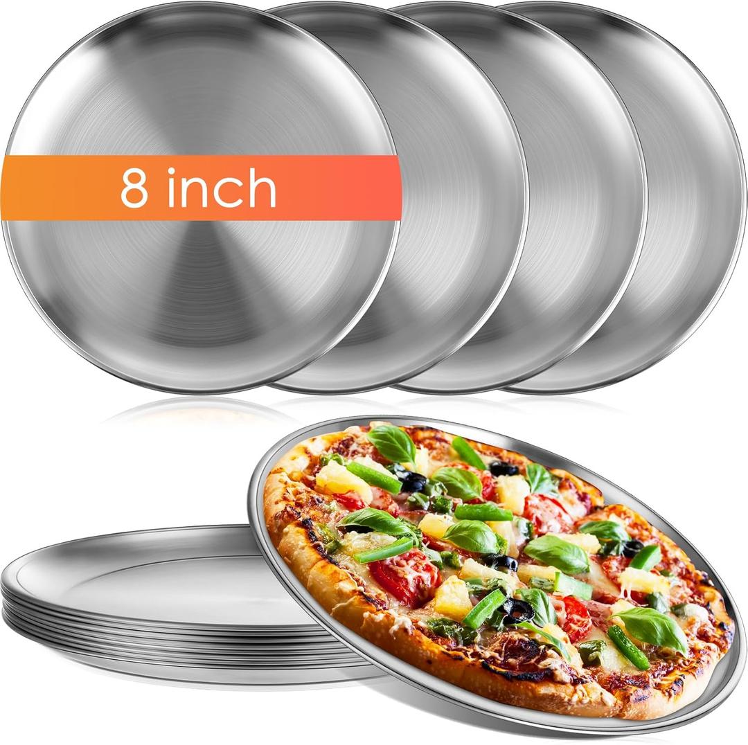 Thenshop 8 Pieces 8 Inch Pizza Pans Bulk Stainless Steel Sets Round Bakeware Pizza Trays for Oven Kitchen Baking Home Restaurant Safe Sturdy Reusable Easy Clean(Silver)
