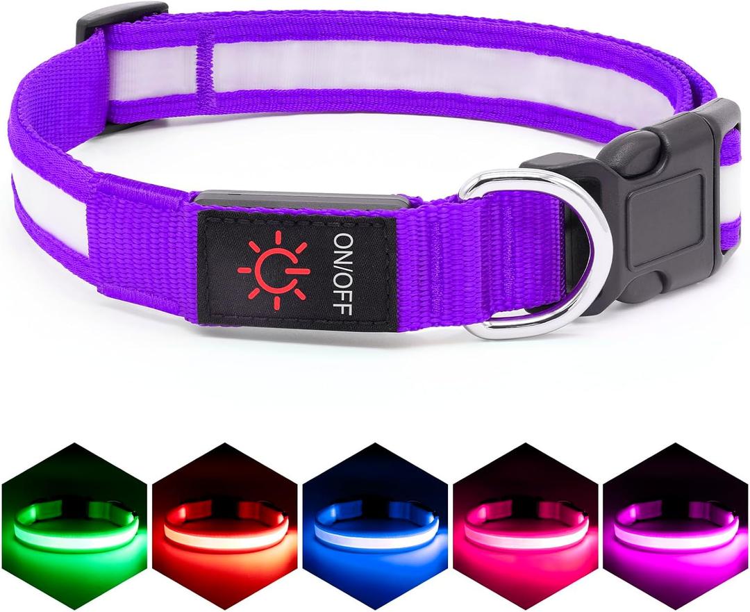 VIZPET LED Dog Collar, Light Up Dog Collar Adjustable USB Rechargeable Super Bright Safety Light Glowing Collars for Dogs (Purple, Small[11.02-15.74 inch/28-40cm])