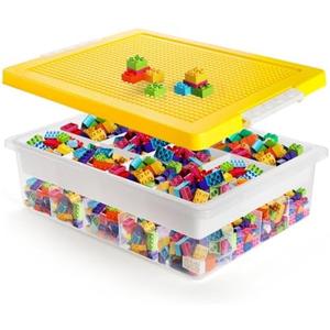 Acshio Toys Organizer Bin, Double Layer Block Storage Container with Building Baseplate Lid Removable Tray, Stackable 30 Compartment Clear Crafts Box for Bead Puzzles Sewing
