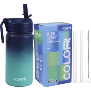 Water Bottle, 12 oz Water Bottles with Straw and Stickers, Stainless Steel Vacuum Double Wall Insulated cup,Water Bottle for School, Gifts for Girls (12OZ BLUE GREEN)