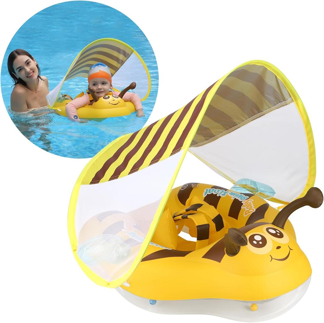 Free Swimming Baby Inflatable Baby Swim Float with Sun Canopy Size Improved Infant Pool Floaties Swimming Pool Toys for The Age of 3-36 Months(Yellow, Large)