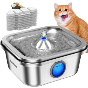Cat Water Fountain Stainless Steel, 4L/135oz Cat Fountain, Automatic Dog Drinking Dispenser with Water Level Window, 10 Filters, Metal Pet Water Bowl Indoor, Quiet Pump, Easy Cleaning