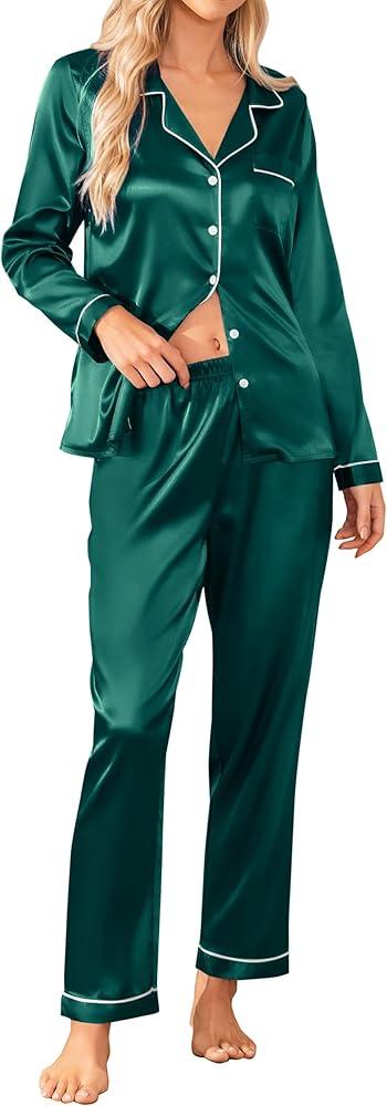 Ekouaer Silk Satin Pajama Set for Womens Button Up Long Sleeve Pjs Sleepwear Soft 2 Piece Loungewear Size M