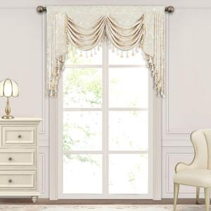 Loom and Mill European Elegant Waterfall Valance for Living Room, Luxury Jacquard Frame Swag Valances with Tassels, Beige Gold Floral Swag Curtains for Bedroom Window Holiday Decor(W59 Inch,1 Panel)