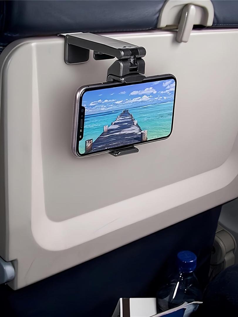 Airplane Phone Holder, Portable Travel Stand Desk Flight Foldable Adjustable Rotatable Selfie Holding Train Seat Stand, Seat Bracket (Black)
