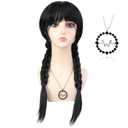 Long Black Braided Wig for Women with Necklace Heat Resistant Synthetic Pigtails Hair Wigs for Adults Halloween Party Cosplay Costume (Adults Wig+Necklace)