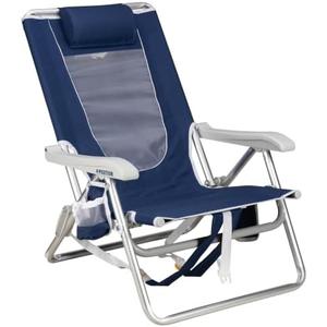GCI Outdoor Backpack Beach Chair | Reclining Folding Chair with Durable Armrests, Drink Holder & Carry Straps, Perfect for Beach Trips & Picnics — Nautical Blue