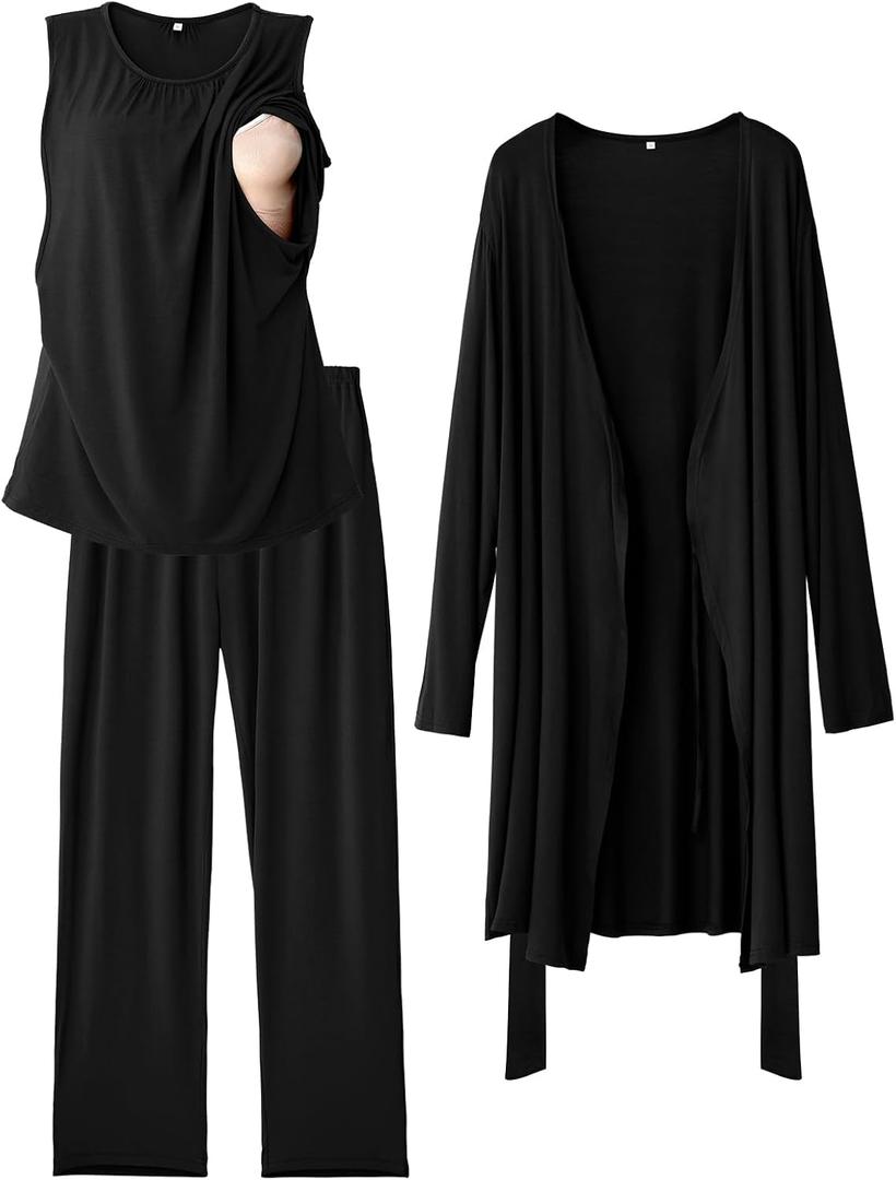 Rnxrbb Nursing Pajamas Robe Set for Women Breastfeeding Postpartum Pajama Gown for Hospital Maternity Pj 3 PCS Large