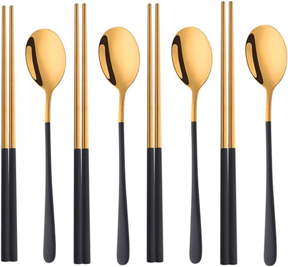 TEAHA Reusable Korean Chopstick and Spoon Set,4 Sets Long Handle Stainless Steel Spoon and Chopsticks Set,Metal Chopsticks Dishwasher Safe, Black Gold.