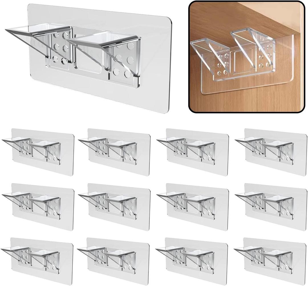 12-Pack Heavy-Duty Adhesive Shelf Brackets, Large Size Double Row Brackets, No-Drill Wall Mount Pegs,Shelf Support Pegs for Kitchen Cabinets, Bookshelves, and Closets