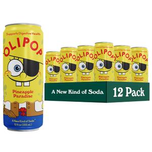 OLIPOP Prebiotic Soda Pop, SpongeBob Pineapple Paradise, Pantry Pack Packed with Prebiotics, Fiber, and Botanicals, Gluten Free, Vegan, GMO Free, 12oz Skinny Can (12-Cans), Best By: JAN 12, 2027