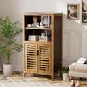 HITNET Walnut Bathroom Floor Cabinet, Bamboo Side Tall Storage Organizer, Freestanding Kitchen Cupboard with Door and Removable Shelf, Large