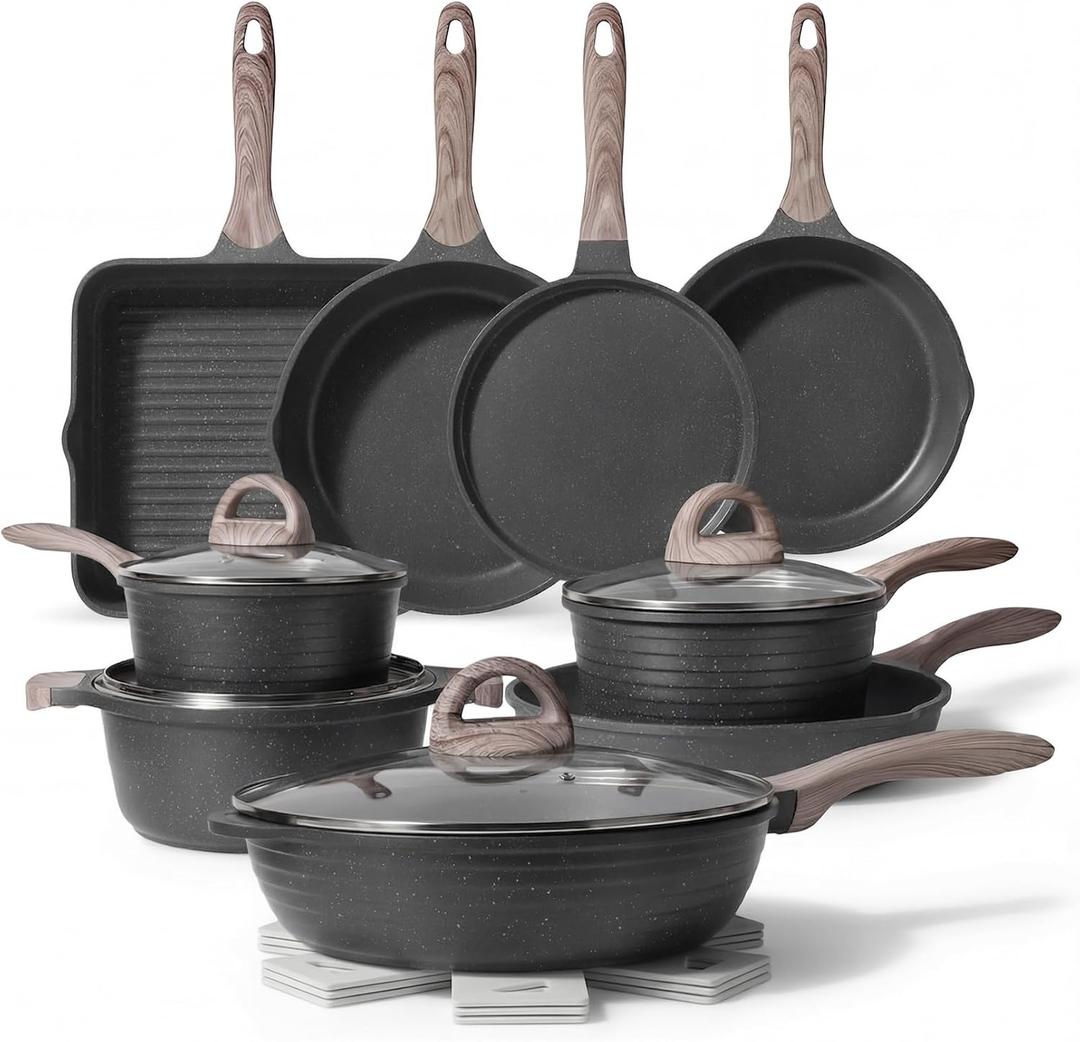 JEETEE Pots and Pans Set Non Stick 23pcs, Healthy Kitchen Cookware Sets, Induction Cooking Set W/Gray Frying Pans, Saucepans, Saut & Griddle & Crepe Pan (PFOA, PFAS Free)