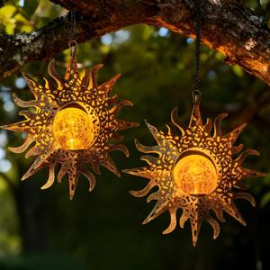 2 Pack Garden Decor Hanging Lanterns Outdoor Waterproof,Solar Lights Metal Sun Gifts Decoration for Yard Clearance Front Porch Lawn Driveway Patio Backyard Pathway Gardening Gift