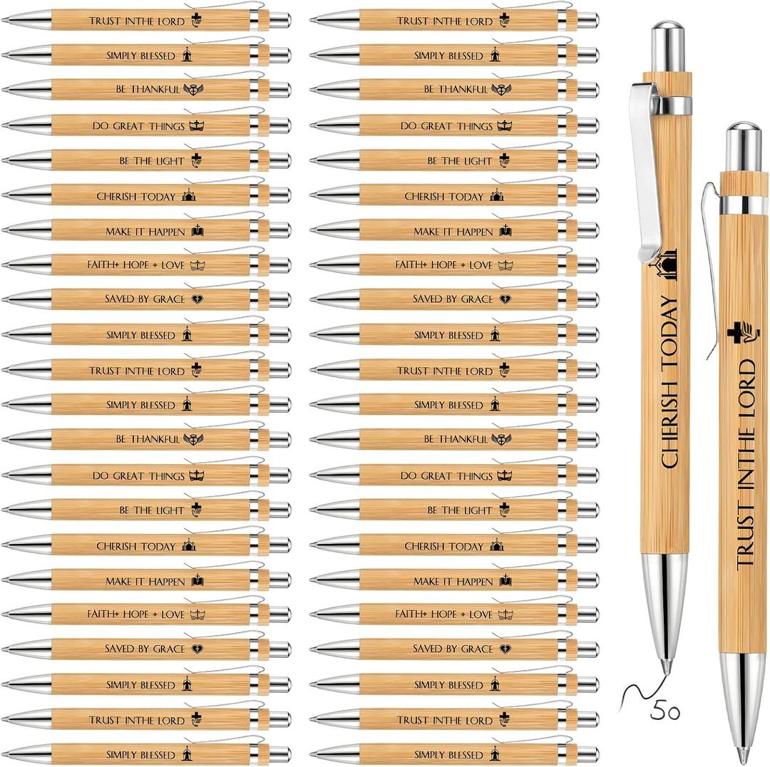 Roowest 50 Pcs Bible Verse Bamboo Ballpoint Pens Bulk Christian Retractable Wooden Bamboo Pens Inspirational Scripture Gifts Bulk for Teacher Sunday School Supplies Religious Church Gift for Men Women