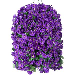 Artificial Faux Hanging Flowers Plants Basket for Outdoor Outside Porch Decoration, UV Resistant Fake Silk Purple Morning Glory Trailing Vines Realistic for Summer Home Balcony Yard Patio