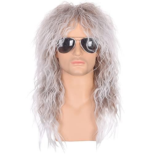 morvally Men’s 80s Style Wigs | Long Curly Silver Gradient Brown Synthetic Hair | Heavy Metal, Glam Rock-Rocker Wig | Perfect for Halloween, Cosplay, DIY Themed Costume Party