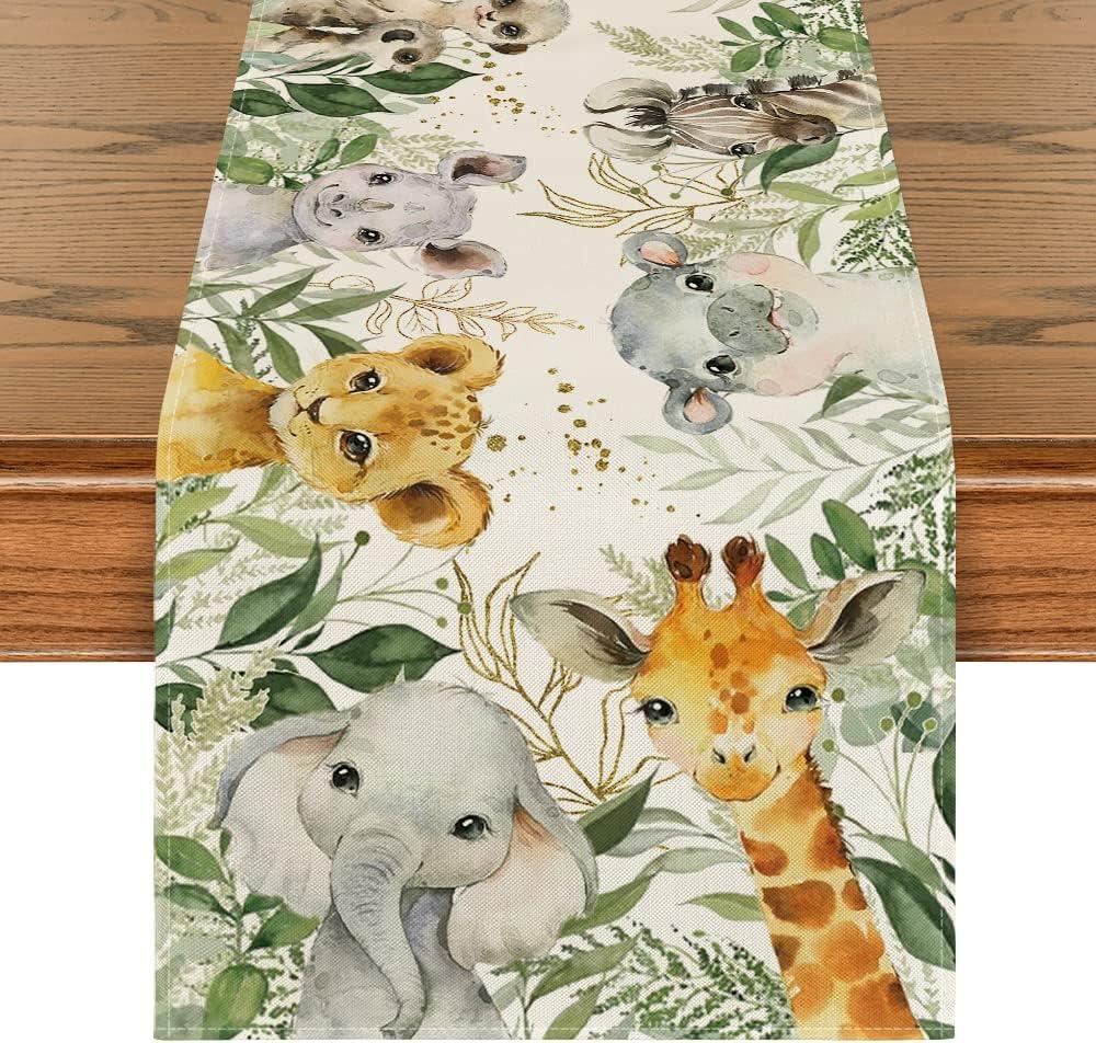 Artoid Mode Animals Elephant Giraffe BabyShower Table Runner, Seasonal Spring Summer Kitchen Dining Table for Home Party Decor 13x90 Inch (13" x 90", Table Runner, Green)