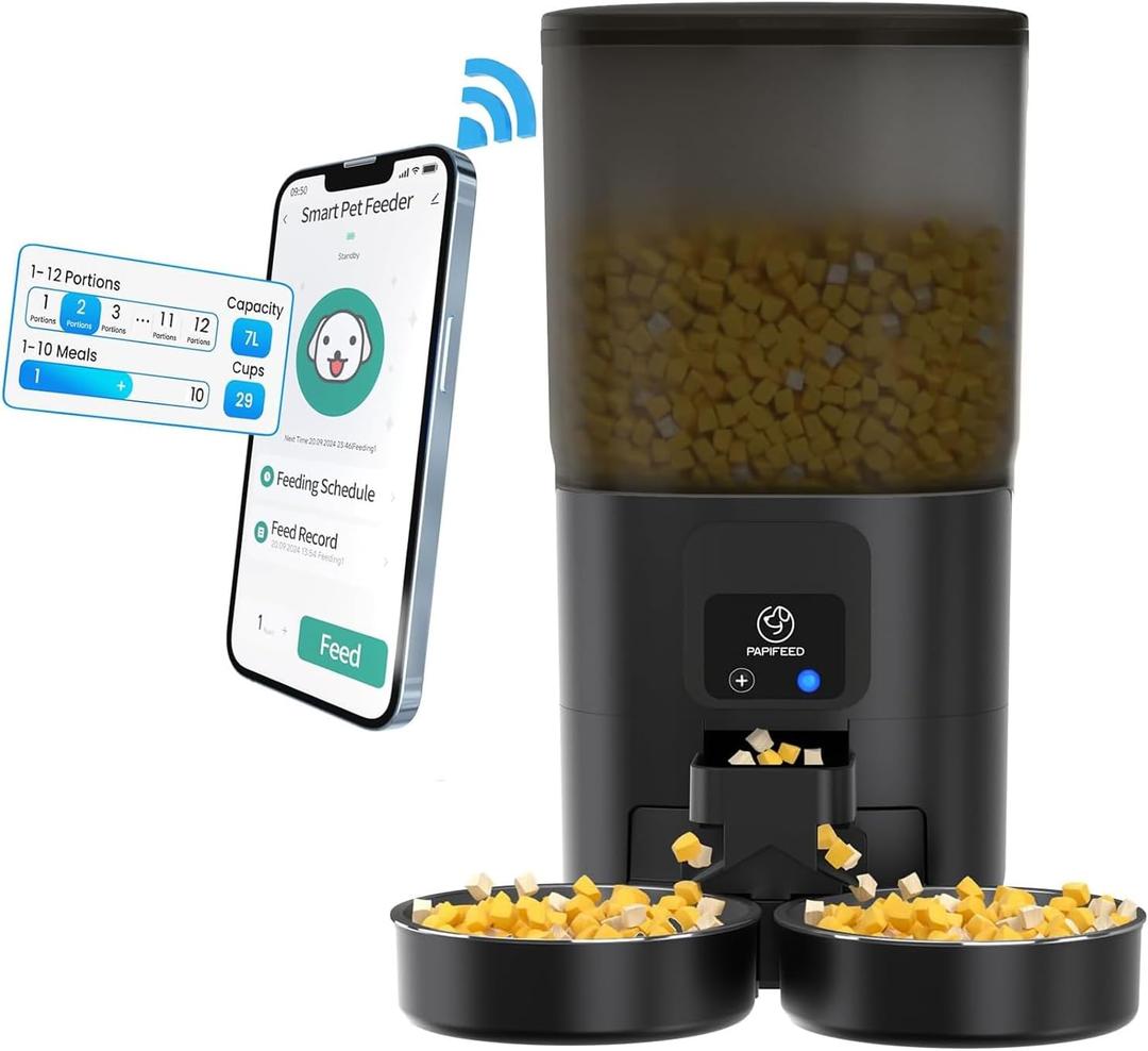 7L Automatic Cat Feeders for 2 Cats - 2.4G WiFi Timed Auto Feeder with APP Control, Cat Food Dispenser with Alexa for Multiple Cats, Detachable for Easy Clean, 1-10 Meals Per Day - Black