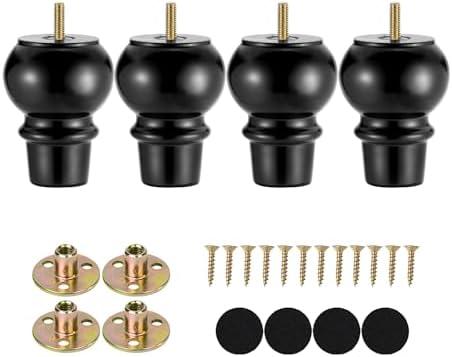 Maricome 4 Inch Wood Legs Set of 4 Pre-drilled M8 Bolt Black Replacement Furniture Leg Bun Feet for Dresser Cabinet Chair