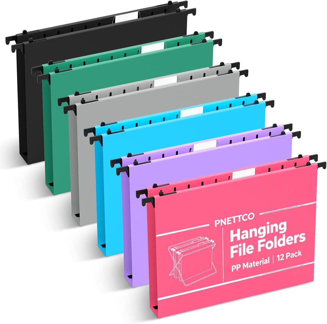Extra Capacity Plastic Hanging File Folder, 12 Pack Reinforced Hang Folders Letter Size, Heavy Duty 1 Inch Expansion Filing Cabinet Folders, for Bulk Files, Medical Charts, Assorted Colors