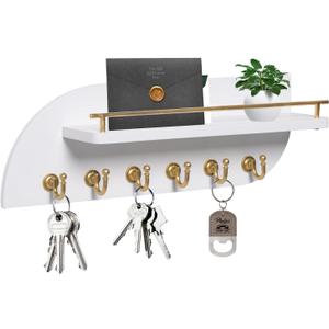 Karisky Key Holder for Wall, Decorative Key and Mail Organizer with 6 Sturdy Metal Hooks and Floating Shelf, 14 Inches Wood Wall Mounted Key Rack for Entryway, White and Gold