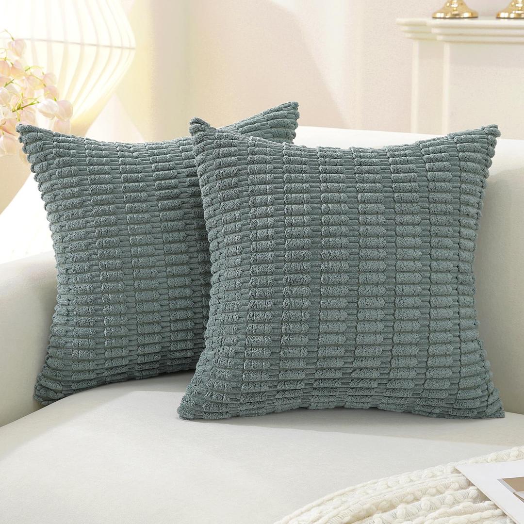 YSTELLAA Set of 2 Corduroy Decorative Throw Pillow Covers 18x18 Inch, Boho Striped Pillow Covers Farmhouse Home Decor for Sofa Living Room Couch Bed,Green