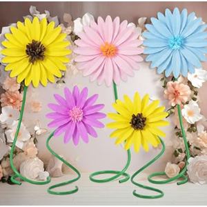 Jaloro 5 Sets 19.7" 15.7" Giant Flowers with 5 ft Pipe Stem for Decoration Large Paper Flowers 3D Artificial Floral Decor Standing for Wedding Birthday Photo Wall (Colorful,Chrysanthemum,Sunflower)