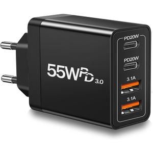 European USB C Charger, 55W European Travel Plug Adapter 4-Port USB C Fast Charging Block US to Europe Plug Adapter Type C Power Adaptor for iPhone 16 15 14 13 12 11 Pro Max XS X 8, Galaxy, Android (55W Black)