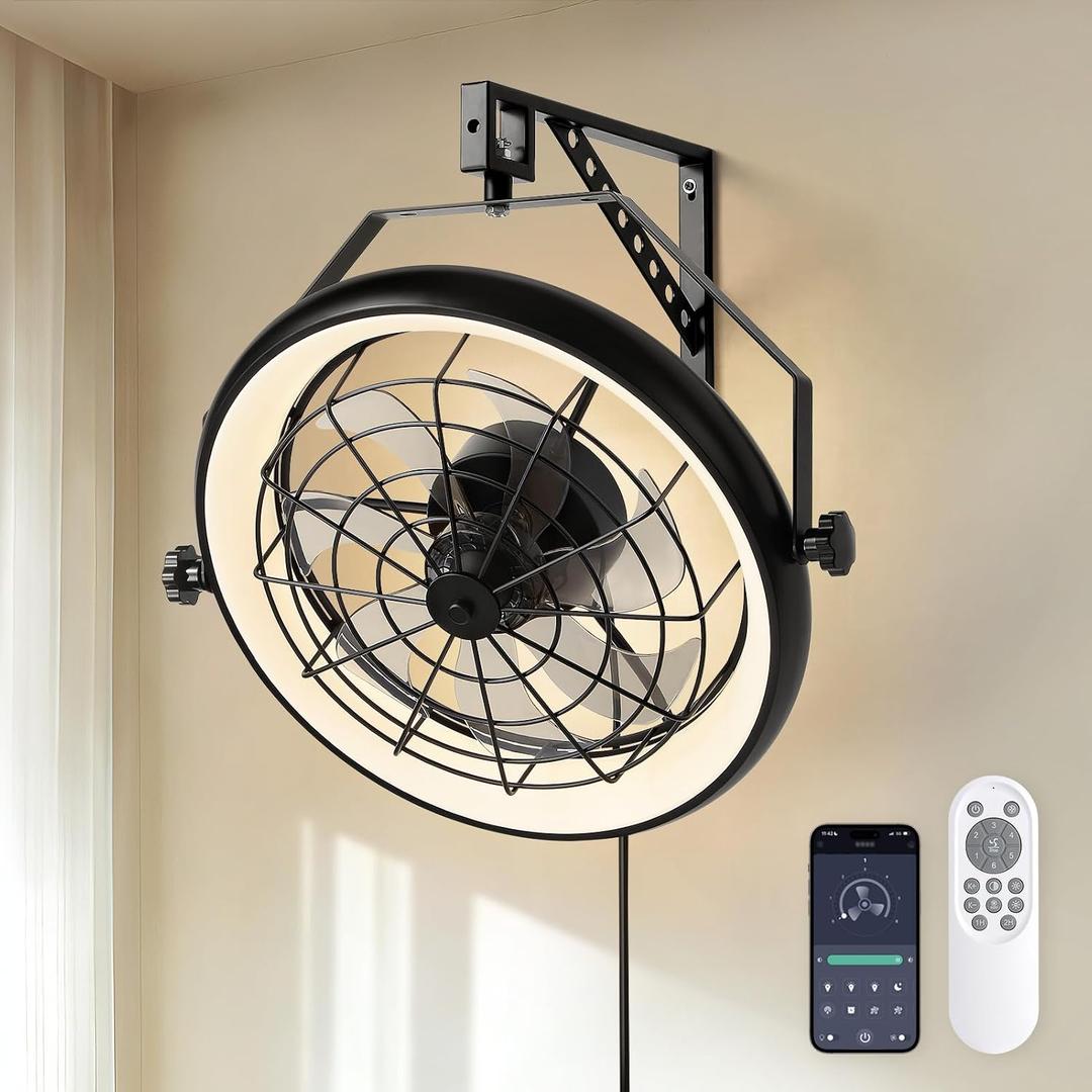 23" Wall Mount Fan with Light,3 CCT, Dimmable,Quiet 6 Speed Wall Mounted Fan with Remote/App Control, Timer, 360 Adjustable Tilt Plug in Wall Fan for Garage,Patio,Tool Room,Home