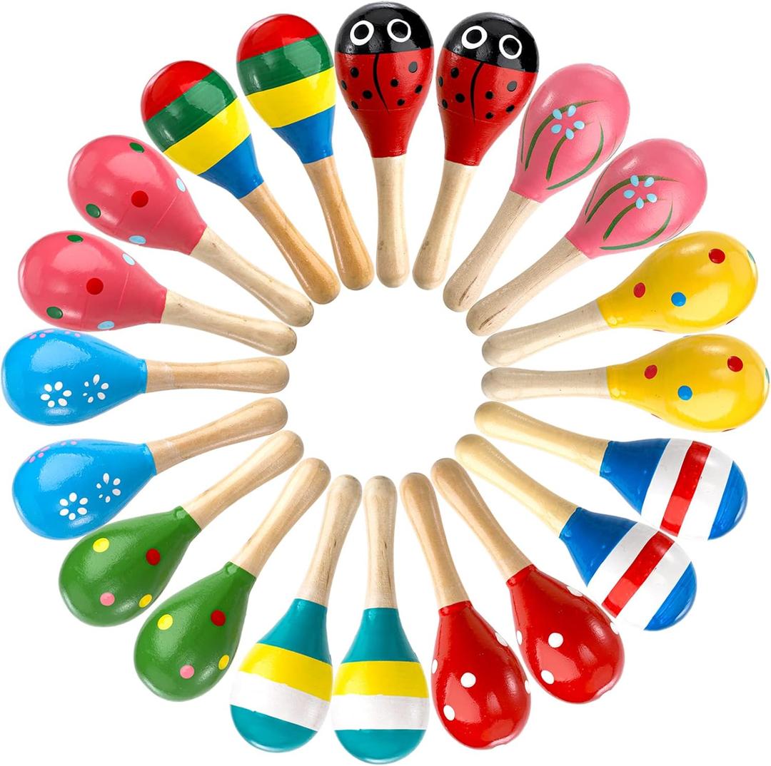 Hedume 20 Pack Mini Wooden Festival Maracas, Kids Baby Rattles Egg Shaker, Shaker Sand Hammer Toy Noisemaker for Party Favors, Musical Fun, Birthday Parties, Carnivals