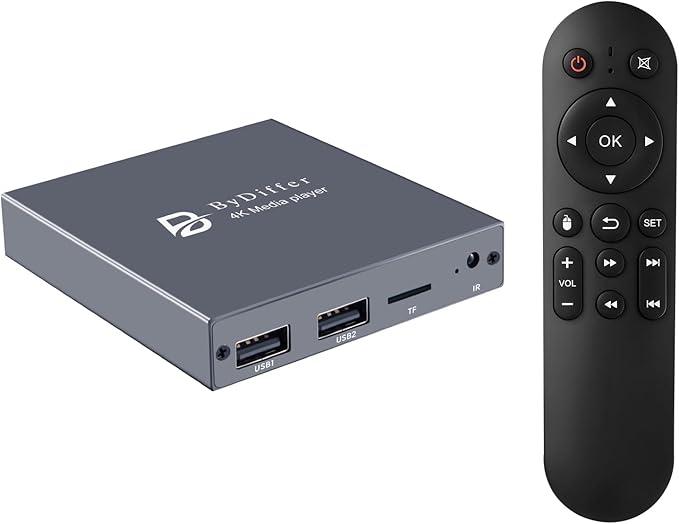 ByDiffer 4K Digital Media Player, TV MP4 Video Player for USB Drive/TF Card, 4K@60Hz Digital Signage HD Media Players with HDMI/AV/Optical, H.265/HEVC, Looping Auto Playback, Grey