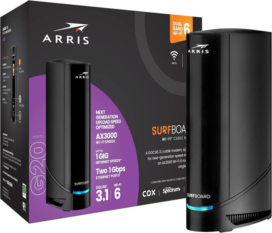 ARRIS (G20) - Cable Modem Router Combo - Fast DOCSIS 3.1 Multi-Gigabit WiFi 6 (AX3000), Approved for Comcast Xfinity, Cox, Spectrum & More, 1.0 Gbps Max Speeds, Next-Generation Upload Optimized