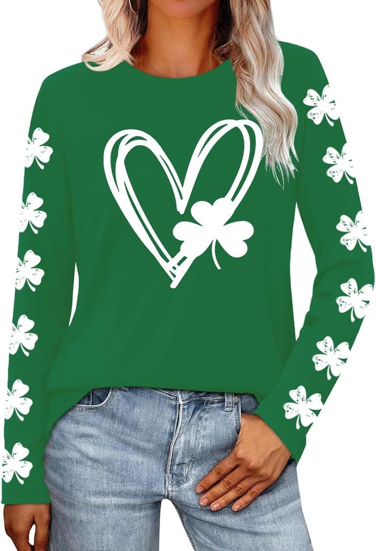 St Patricks Day Shirt Women Lucky Shamrock T-Shirt Saint Patricks Day Long Sleeves (Green, XL)