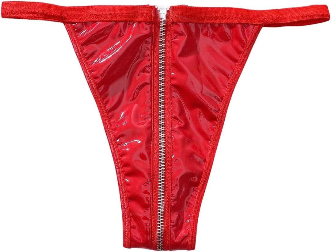 SHENHE Women's Glossy Metallic Faux Leather Elastic Waist Sexy Zipper Crotch Thong Lingerie Panties (Red, XL)