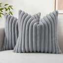 decorUhome Faux Fur Throw Pillow Covers 18x18 Set of 2, Decorative Soft Plush Striped Neutral Couch Pillow Covers with Velvet Back for Sofa, Bed, Living Room Home Decor, Grey