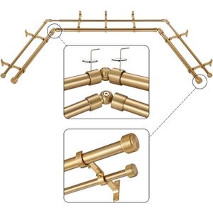 Warm Gold Double Corner Window Curtain Rods with Aluminum End Cap Finials and Brackets,1 Inch Diameter Dual Bay Window Curtain Rods, Adjustable 2 Sided 20-36" and 36-72" Center Double Rod