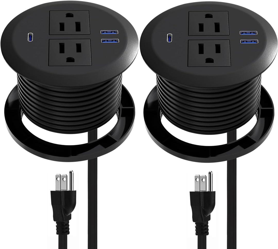 2 Pack Desktop Power Grommet, PD20W Fast Charging USB-C.3-inch Round Flush-Mount Desk Outlet, Meeoueoiu Recessed Grommet Outlet,3 USB Ports,2 AC Outlets,ETL Listed,6.5-FT Cord, Black