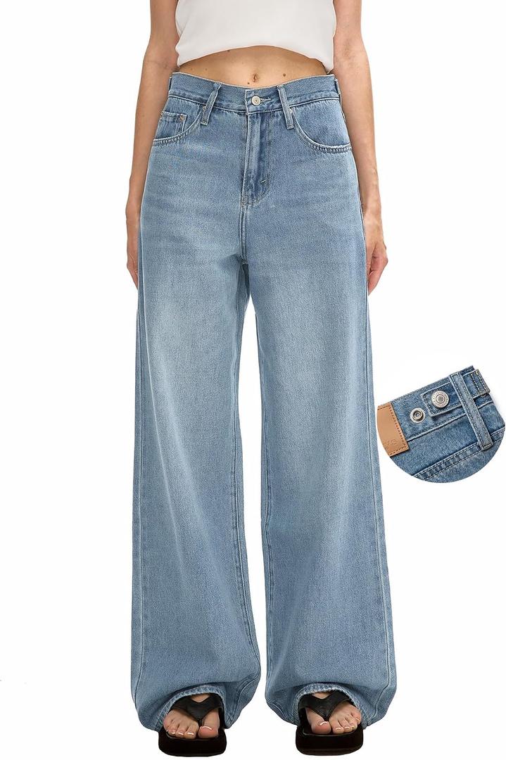 Women's Adjustable Waist Baggy Jeans with Snap-Button Waistband Wide Straight Leg High Rise Jeans Denim Pants Y2K Trousers, 25